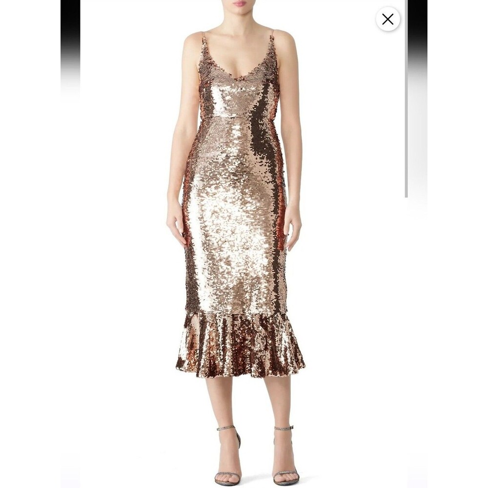 Saloni Aiden Bronze Sequin Midi Flounce Dress Size 0